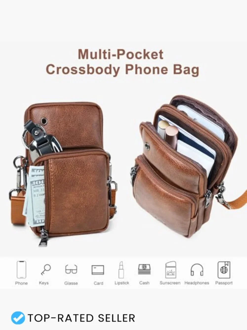 Small Crossbody Purse Multi Pocket Travel Handbag with Adjustable Strap